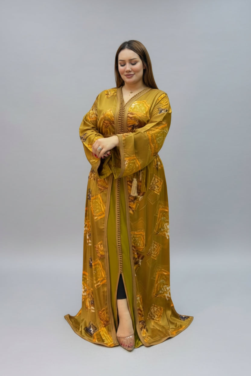 A woman modeling a long, flowing mustard yellow embroidered moroccan kaftan .