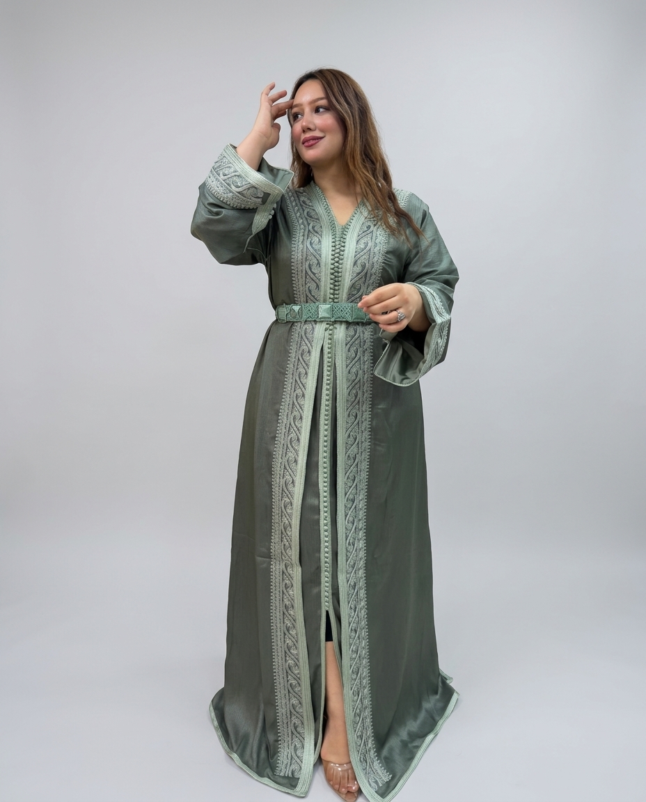 A woman modeling a long sage green kaftan robe with intricate light green embroidery, a matching belt, and a front slit, photographed against a neutral light gray studio background.