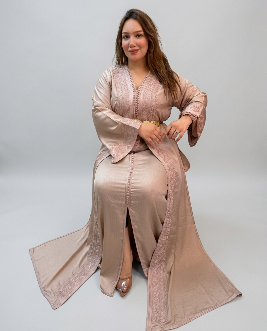 A woman models a long, flowing kaftan dress in a dusty rose pink color with matching embroidered lace details. She is seated against a plain light gray studio background.
