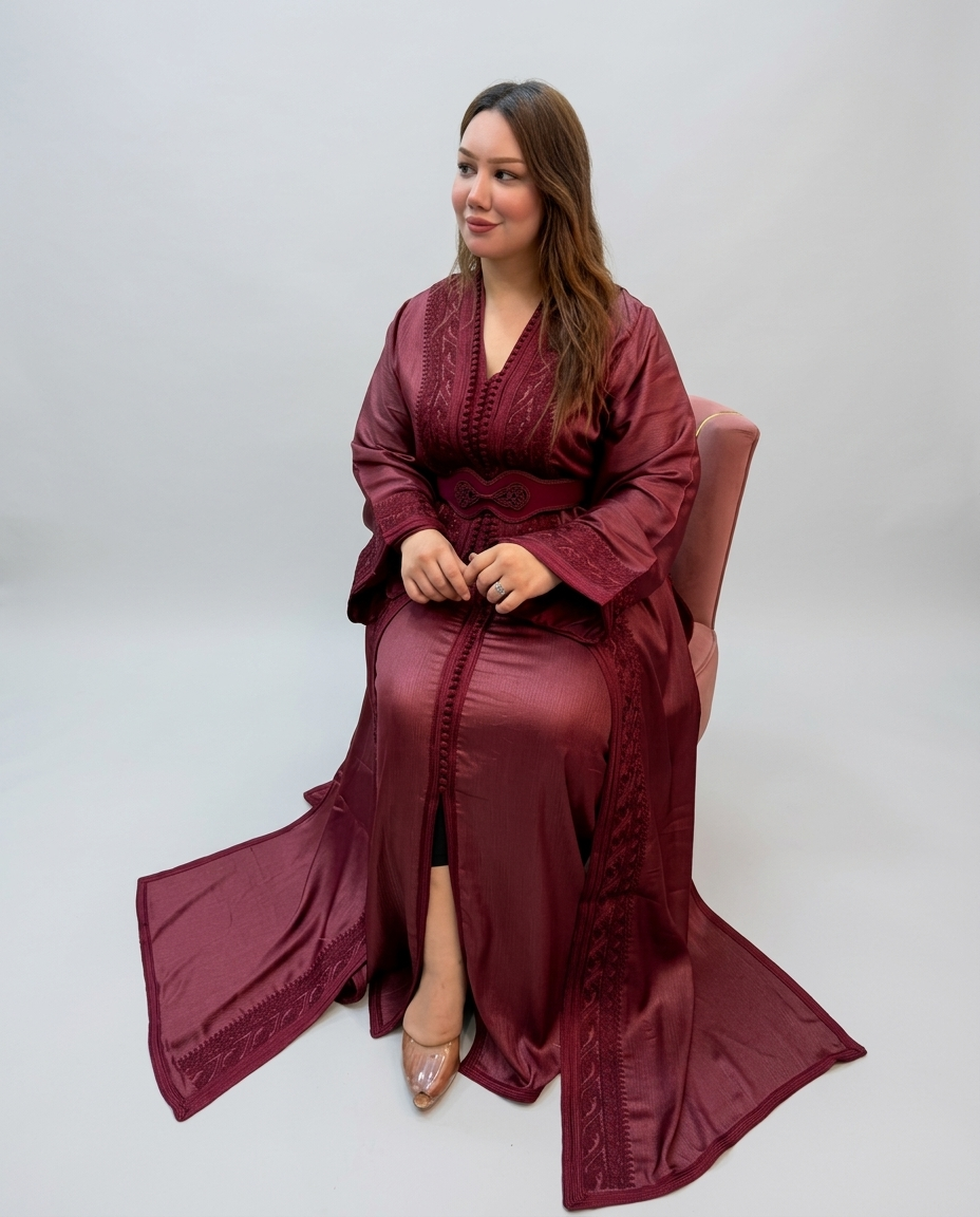 A woman seated on a pink chair wearing a long maroon satin caftan with embroidered details, photographed against a light gray studio background.