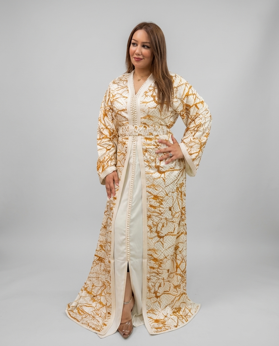 A woman modeling a long cream kaftan robe with a gold abstract pattern, standing against a neutral gray studio background.