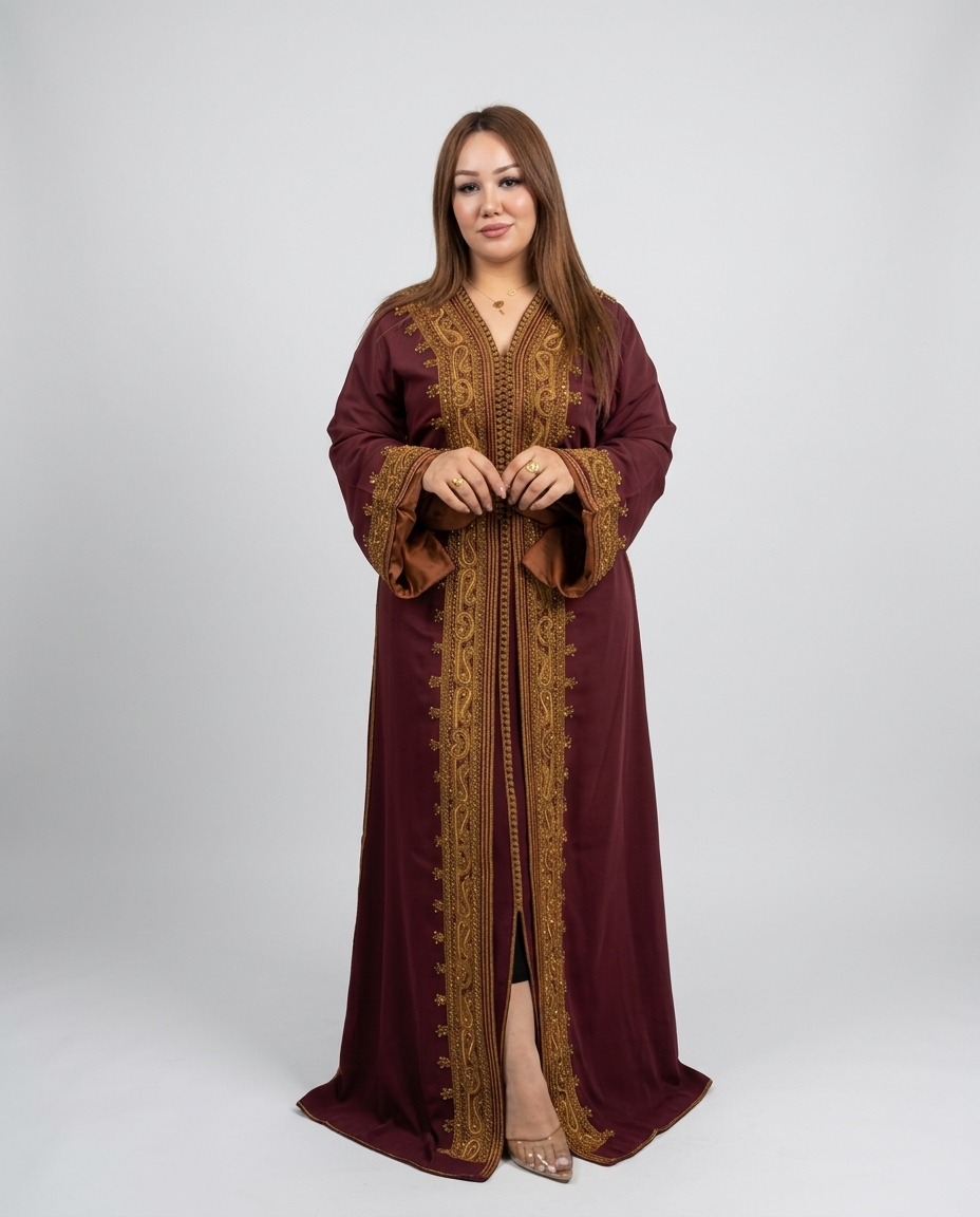 A woman modeling a long maroon abaya with ornate gold embroidery on the front, collar, and cuffs, standing against a light gray studio background.