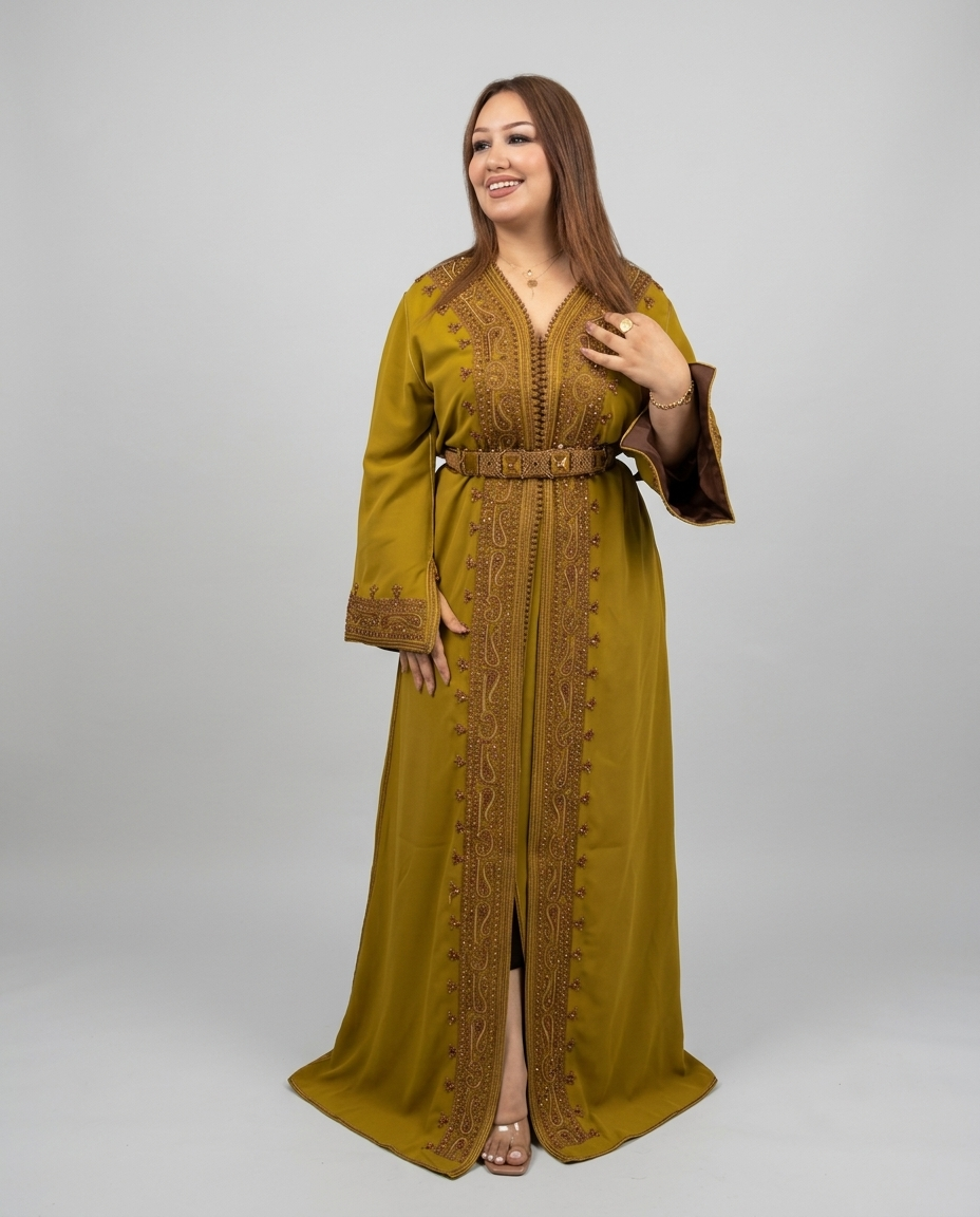 A woman modeling a long olive green kaftan dress with intricate gold embroidery and a matching belt, photographed against a solid light gray studio background.