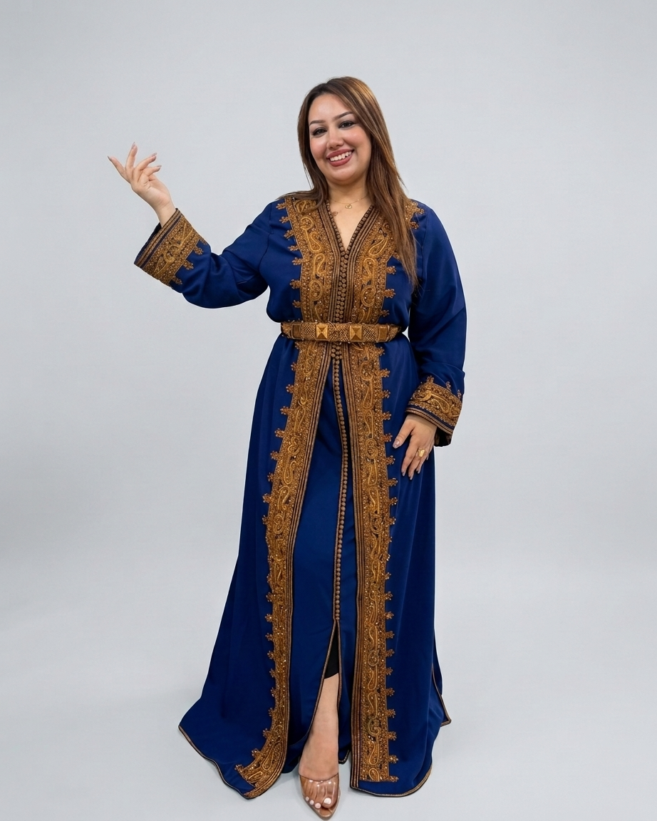 A woman modeling a long navy blue traditional caftan with ornate gold embroidery and a matching gold belt, photographed against a light gray studio background.