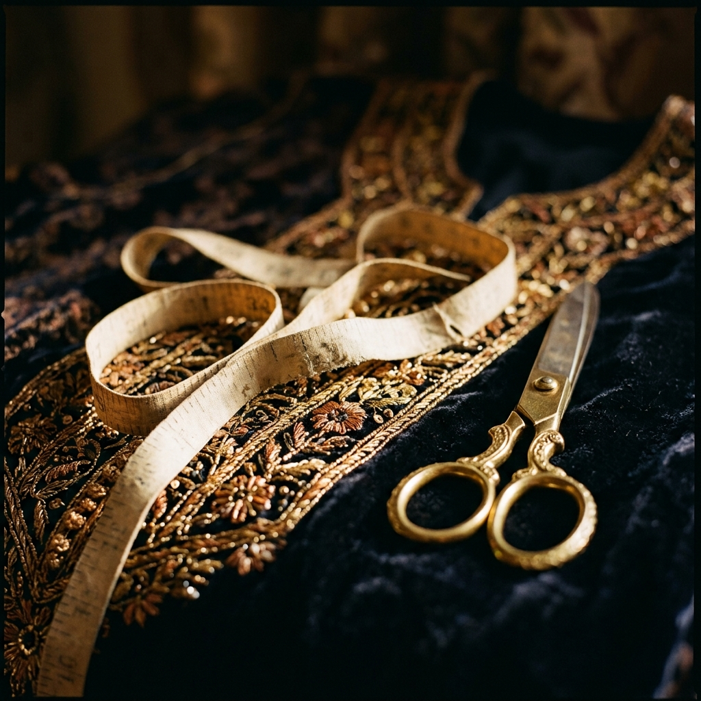 An ornate dark navy embroidered garment or textile laid flat, featuring intricate gold and beige floral beadwork and embroidery. A cream-colored measuring tape and gold scissors rest on the fabric against a dark, softly blurred background.