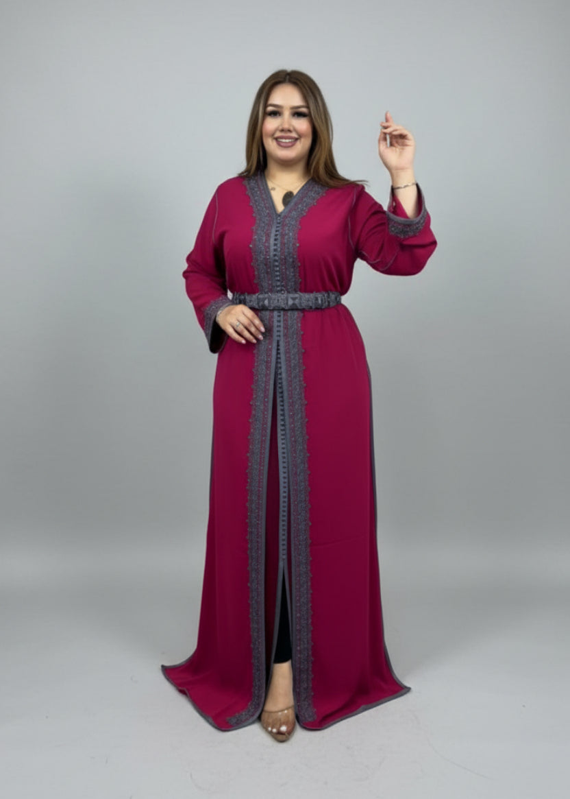 Woman in a red dress with gray trim standing in a store with clothing racks.
"caftan dress"
"women's caftan"
"kaftan"
"cotton caftan"

