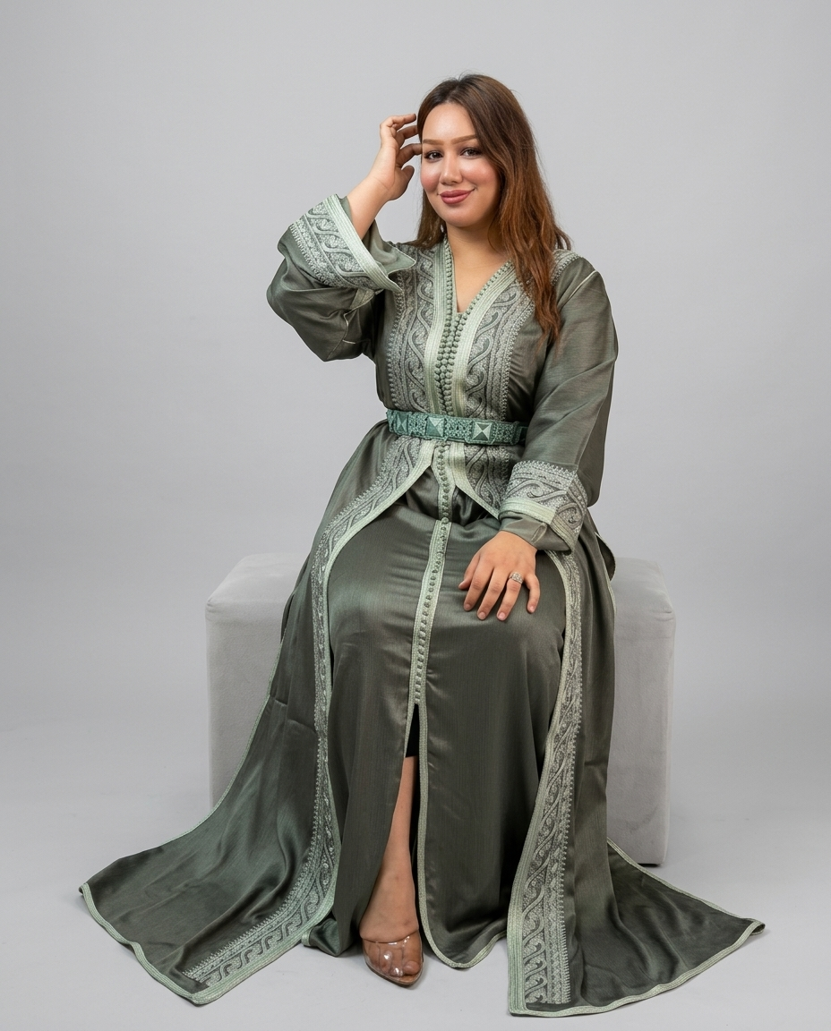 A woman wearing a long sage green Moroccan caftan with intricate silver embroidery, sitting on a light gray block against a neutral gray background.
