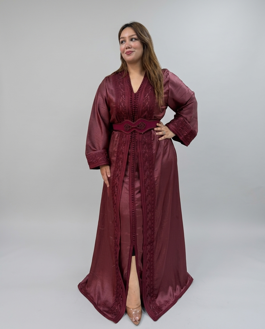 A woman modeling a long maroon satin caftan with embroidered borders and a matching waist tie, photographed against a neutral gray studio background.