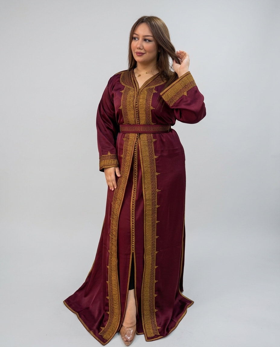 A woman modeling a long maroon kaftan dress with ornate gold embroidery and a matching waist belt, photographed against a light gray studio background.
