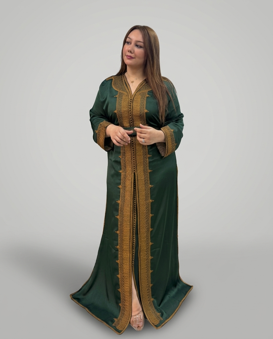 A woman modeling a dark green kaftan dress with ornate gold embroidery and trim, standing against a solid gray studio background.