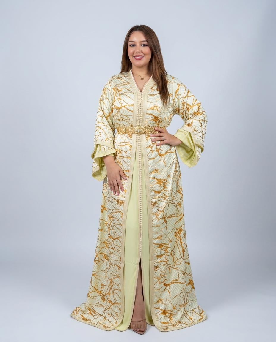 A woman modeling a long cream-colored kaftan robe with a gold abstract pattern, standing against a light gray studio background.
