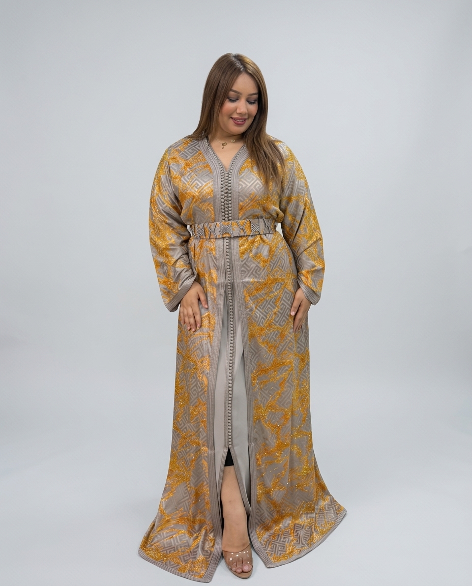 A woman modeling a long, floor-length kaftan dress with a gold and gray geometric pattern, standing against a light gray studio background.