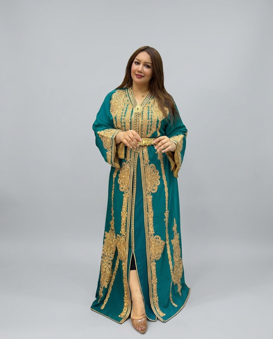 A woman modeling a long teal kaftan dress with extensive gold embroidery and a matching gold belt, standing against a neutral gray studio background.