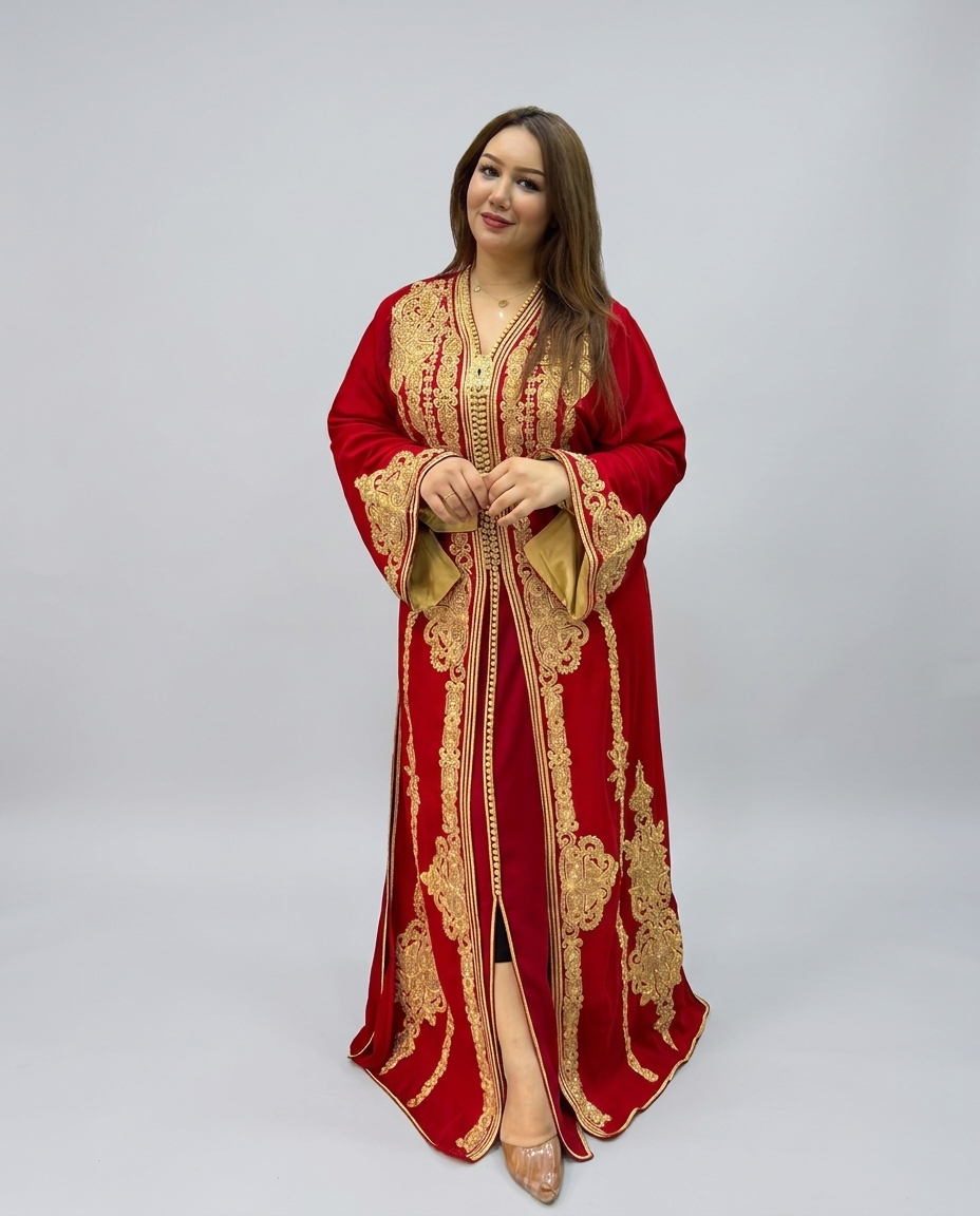 A woman modeling a traditional red and gold embroidered kaftan dress against a plain light gray studio background.
