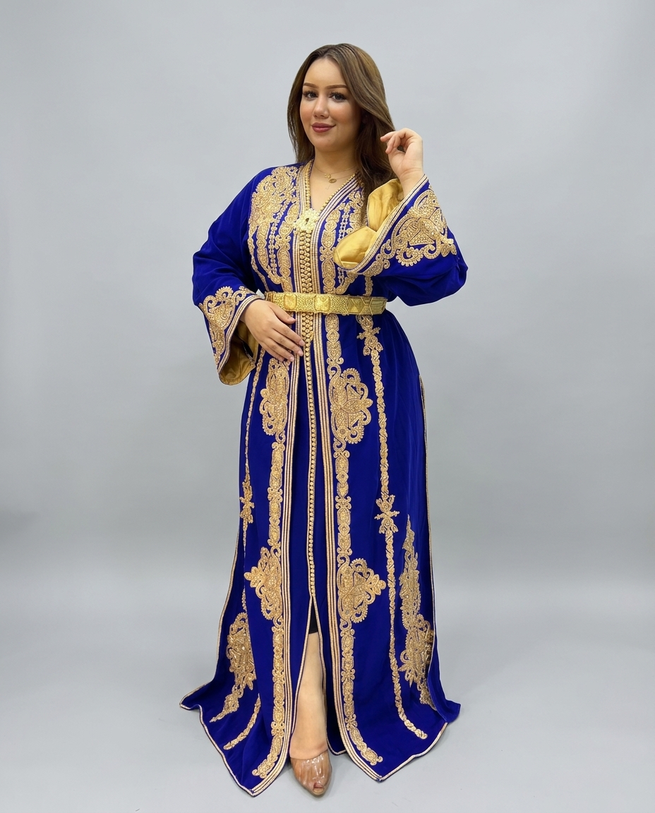 A woman modeling a royal blue kaftan dress with intricate gold embroidery, a matching gold belt, and beige heels against a light gray studio background.