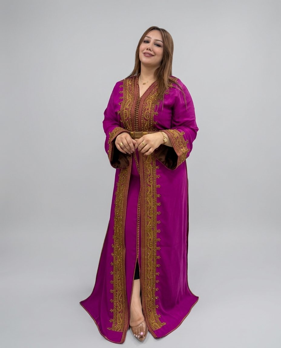 A woman modeling a magenta purple kaftan dress with ornate gold embroidery, standing against a neutral gray studio background.