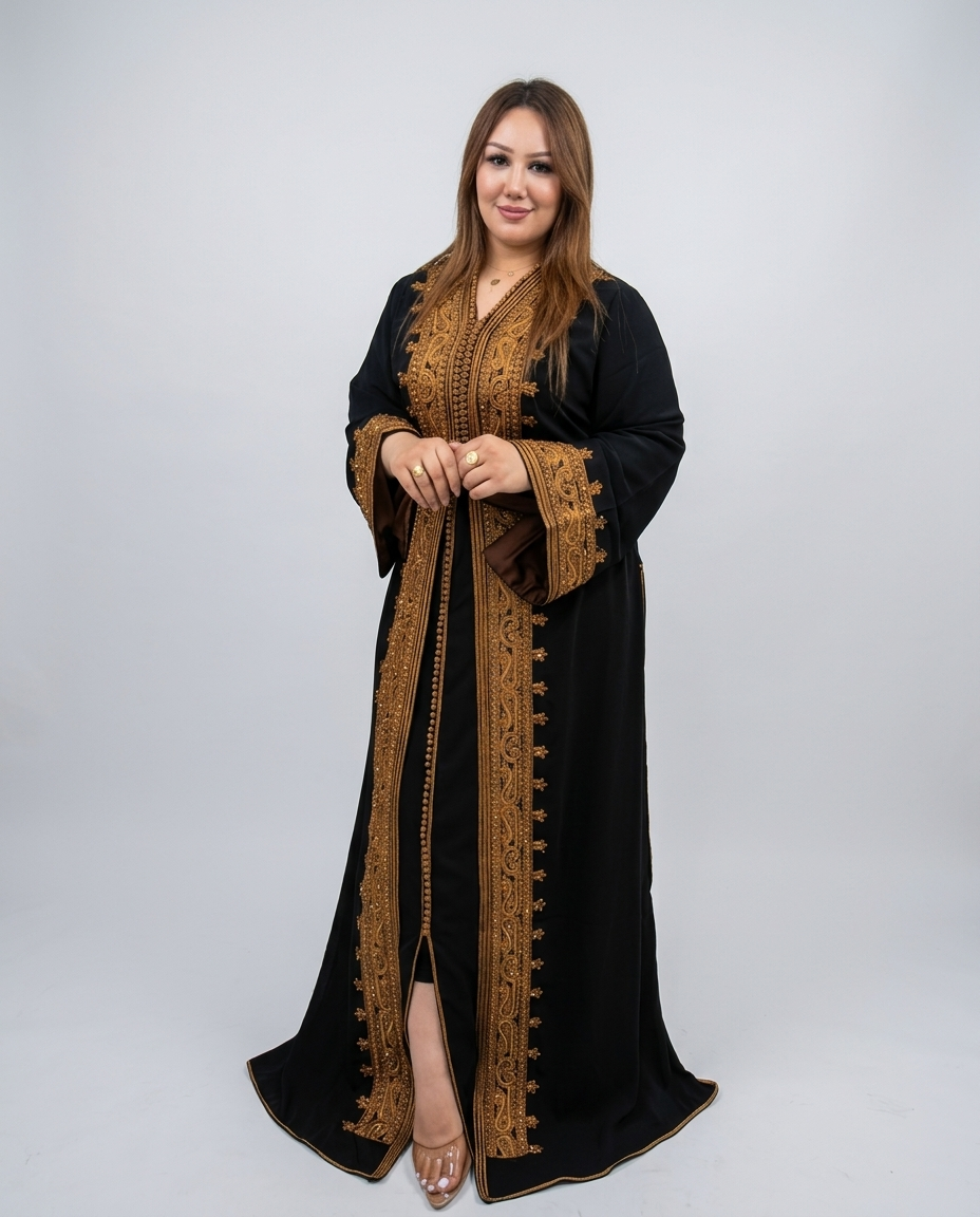 A woman modeling a black long kaftan dress with ornate gold embroidery and a matching inner robe, standing against a light gray studio background.