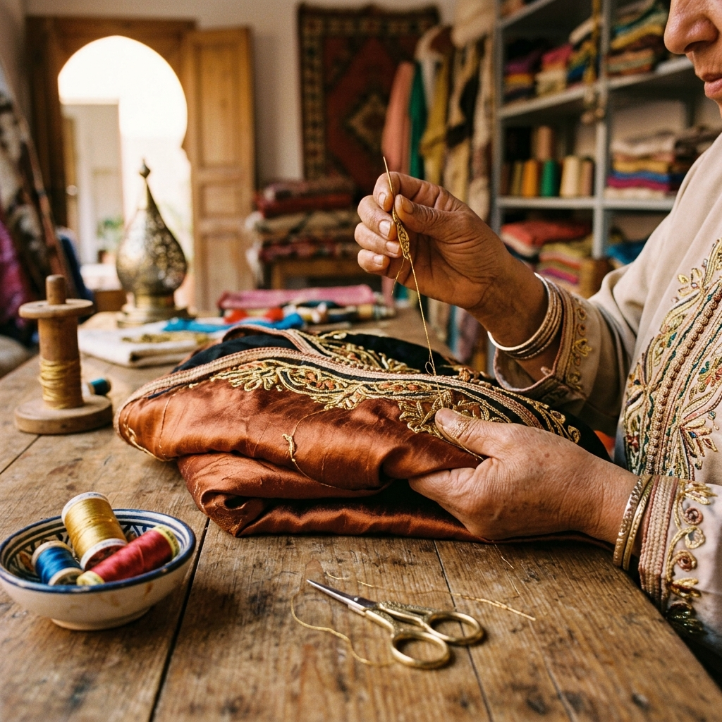 A close-up of a person's hands sewing an embroidered brown and black Caftan garment on a rustic wooden table, surrounded by sewing tools like spools of thread, scissors, and a bowl in a warm, traditional workshop setting.